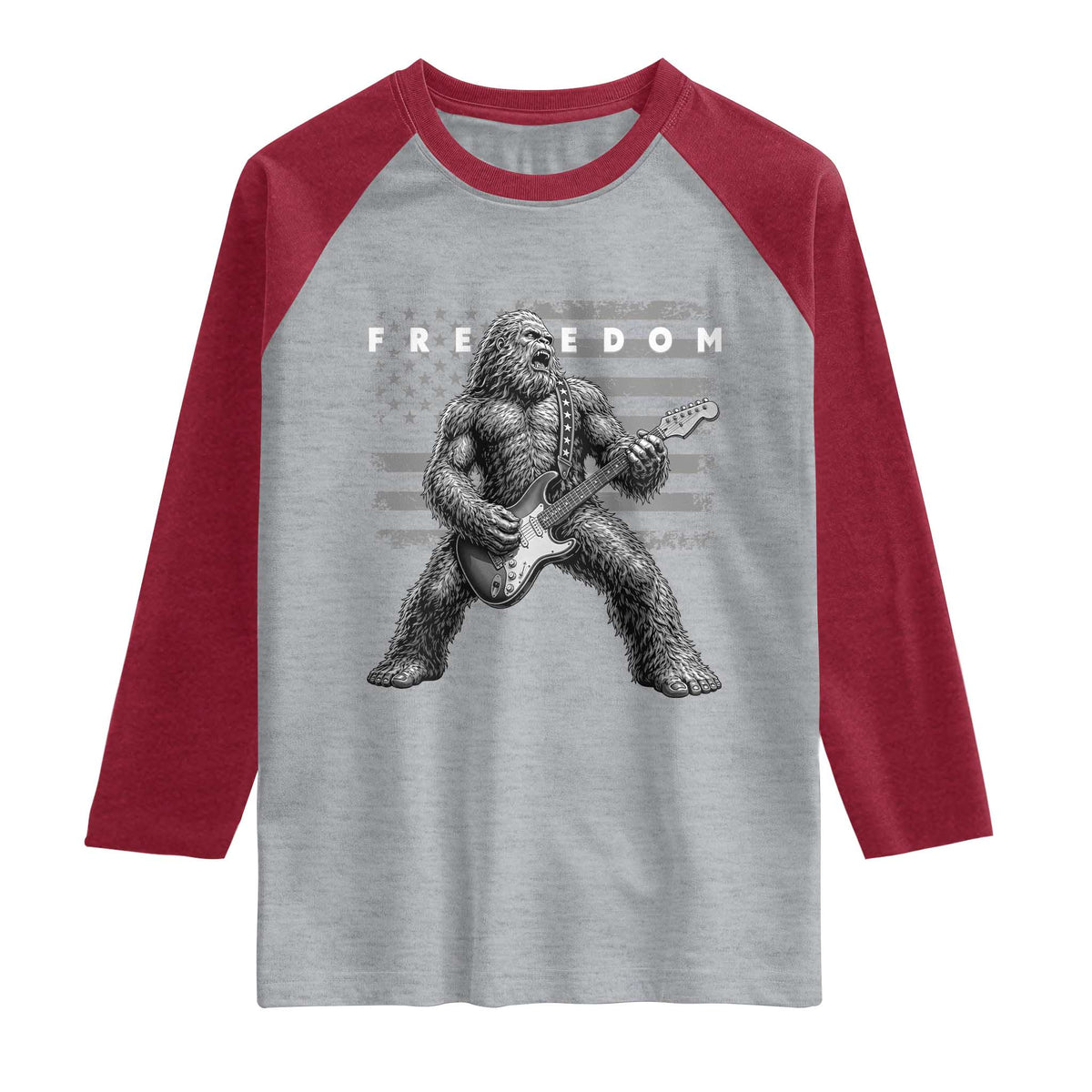 Freedom Bigfoot Playing Electric Guitar Raglan Shirt Sasquatch Rock Star American Flag Patriotic Graphic