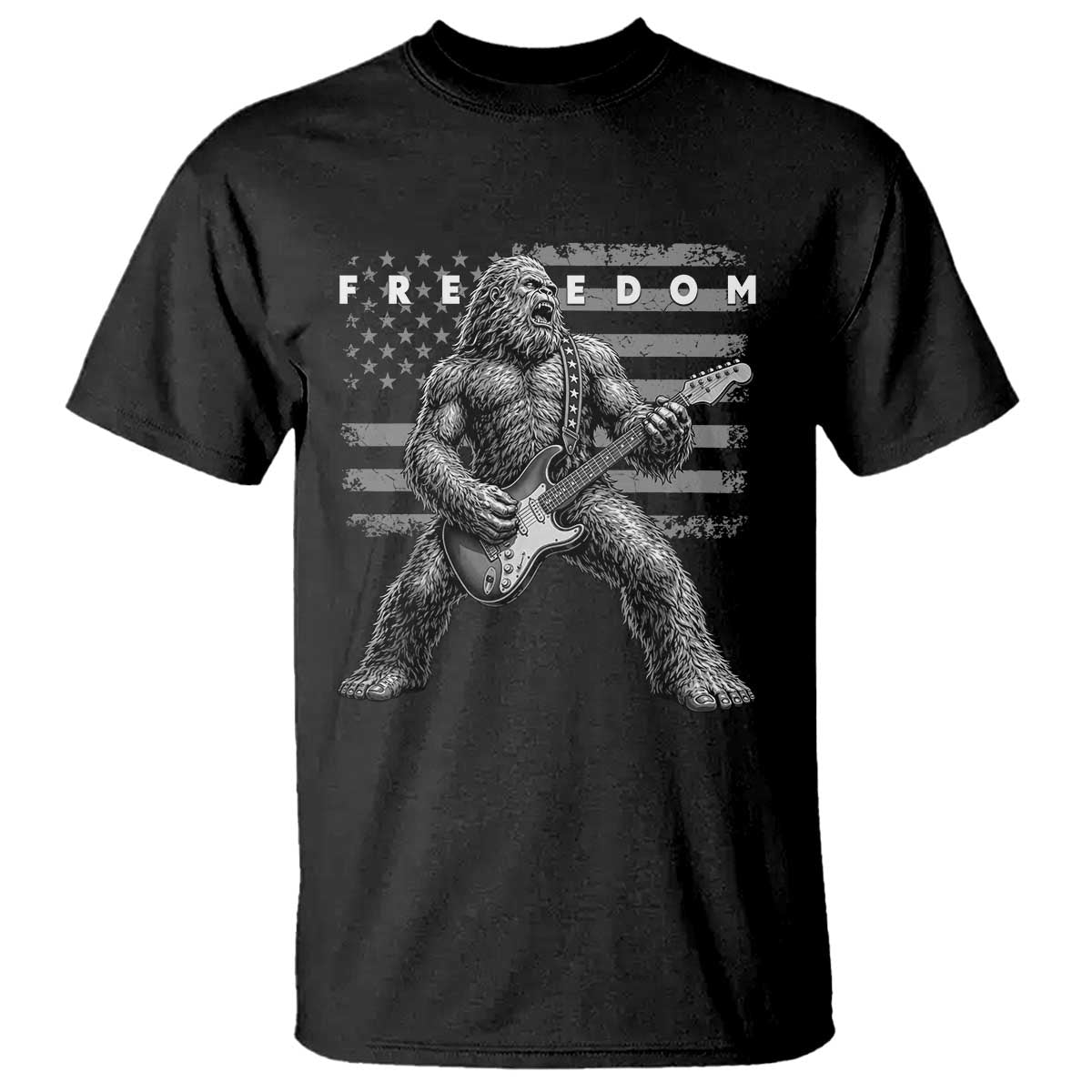 Freedom Bigfoot Playing Electric Guitar T Shirt Sasquatch Rock Star American Flag Patriotic Graphic