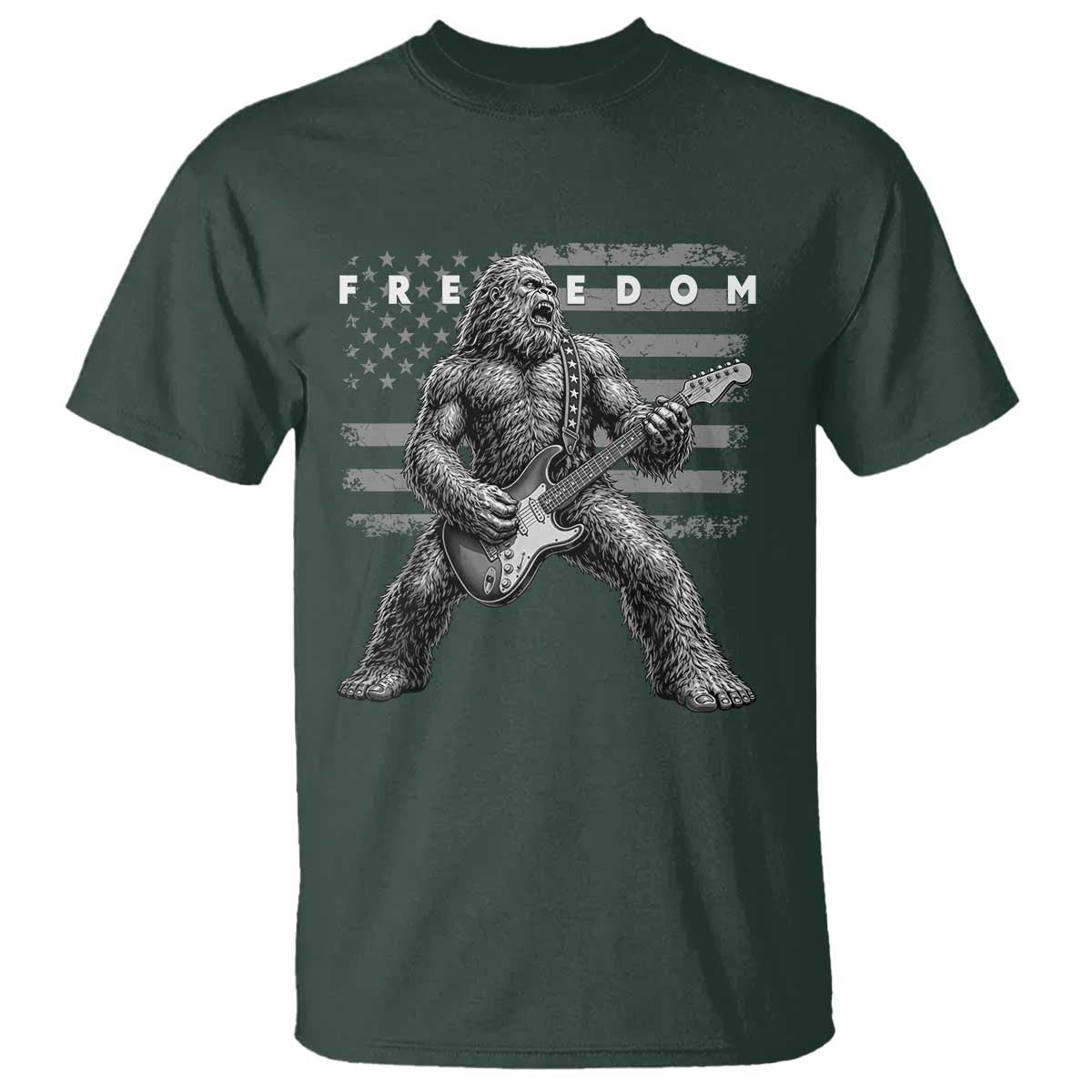 Freedom Bigfoot Playing Electric Guitar T Shirt Sasquatch Rock Star American Flag Patriotic Graphic
