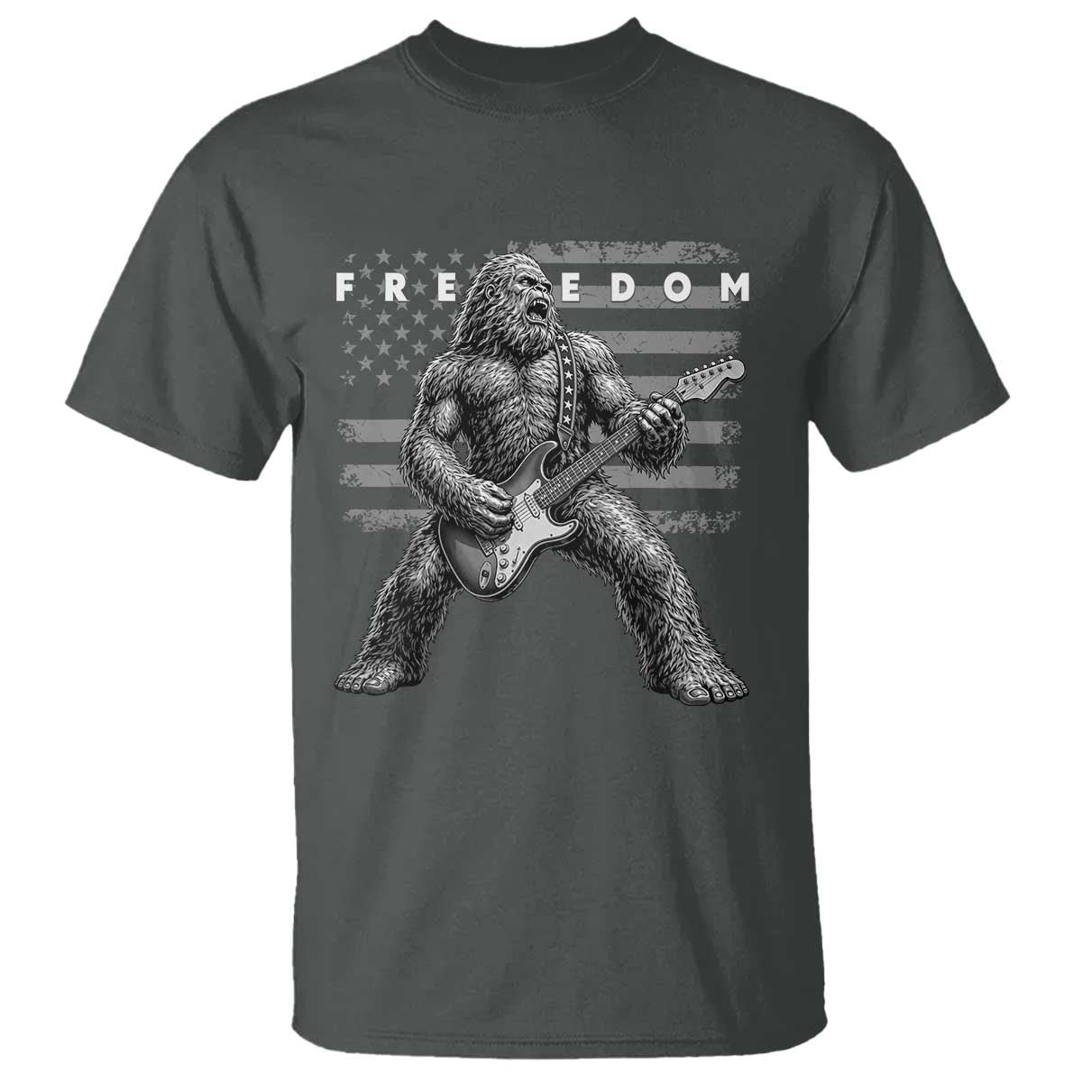 Freedom Bigfoot Playing Electric Guitar T Shirt Sasquatch Rock Star American Flag Patriotic Graphic