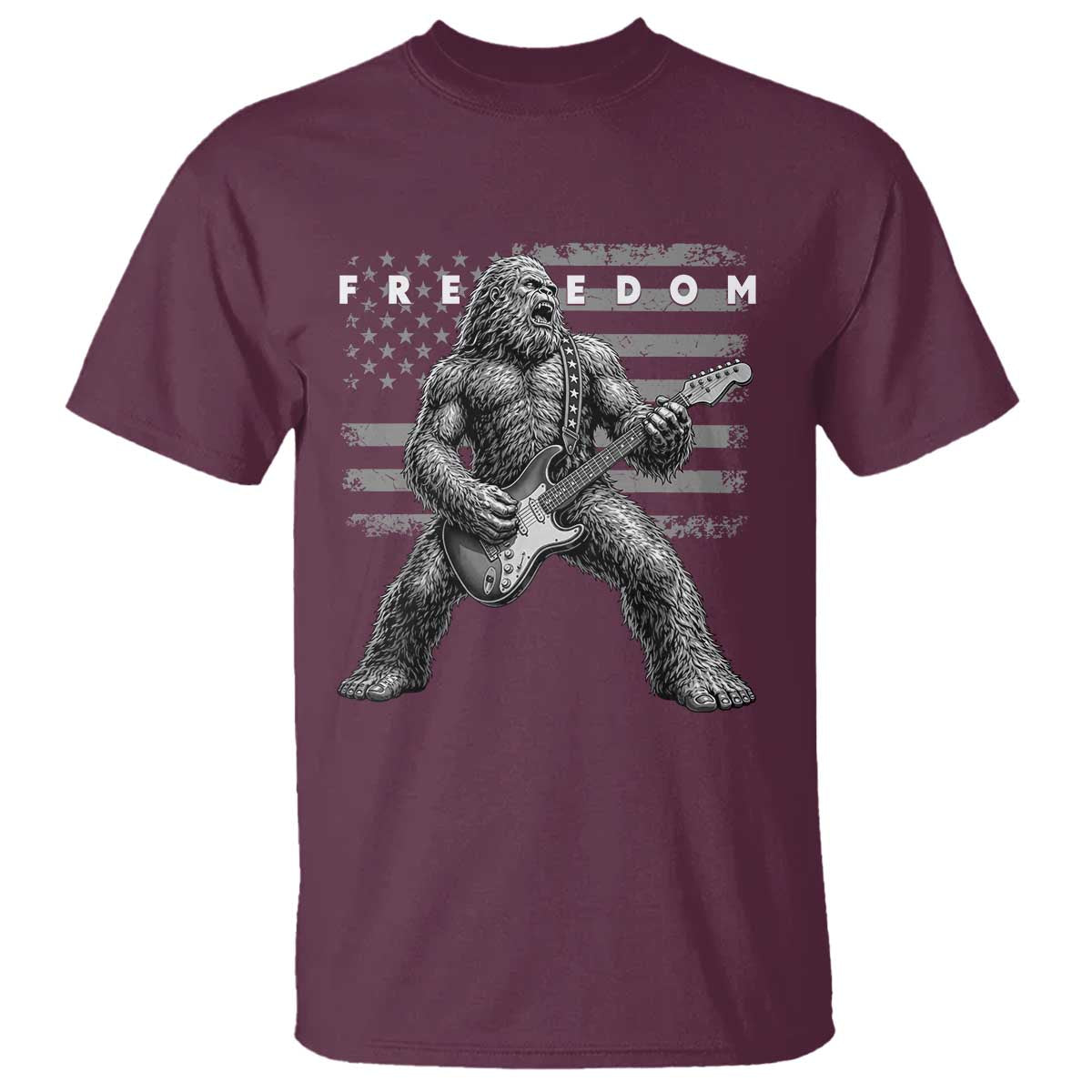 Freedom Bigfoot Playing Electric Guitar T Shirt Sasquatch Rock Star American Flag Patriotic Graphic