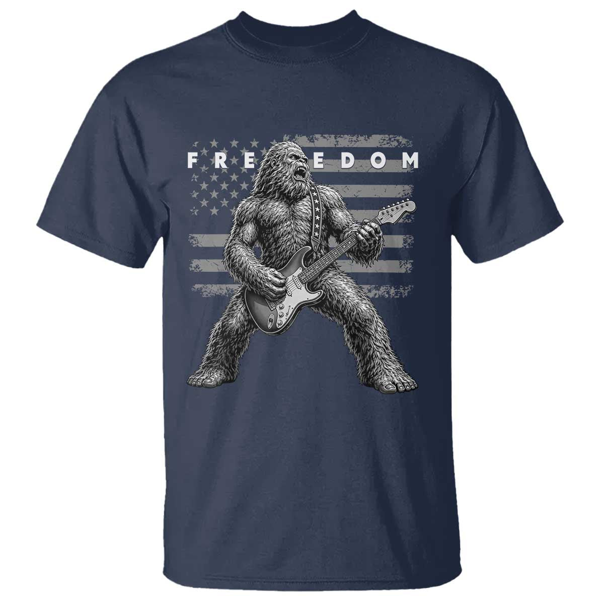 Freedom Bigfoot Playing Electric Guitar T Shirt Sasquatch Rock Star American Flag Patriotic Graphic