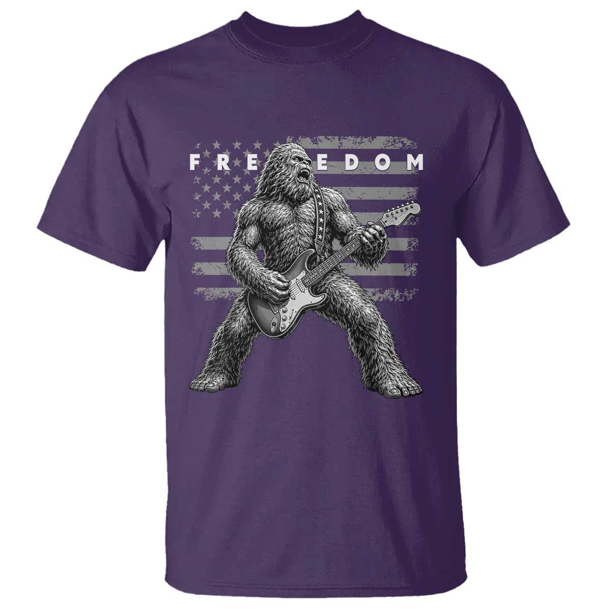 Freedom Bigfoot Playing Electric Guitar T Shirt Sasquatch Rock Star American Flag Patriotic Graphic