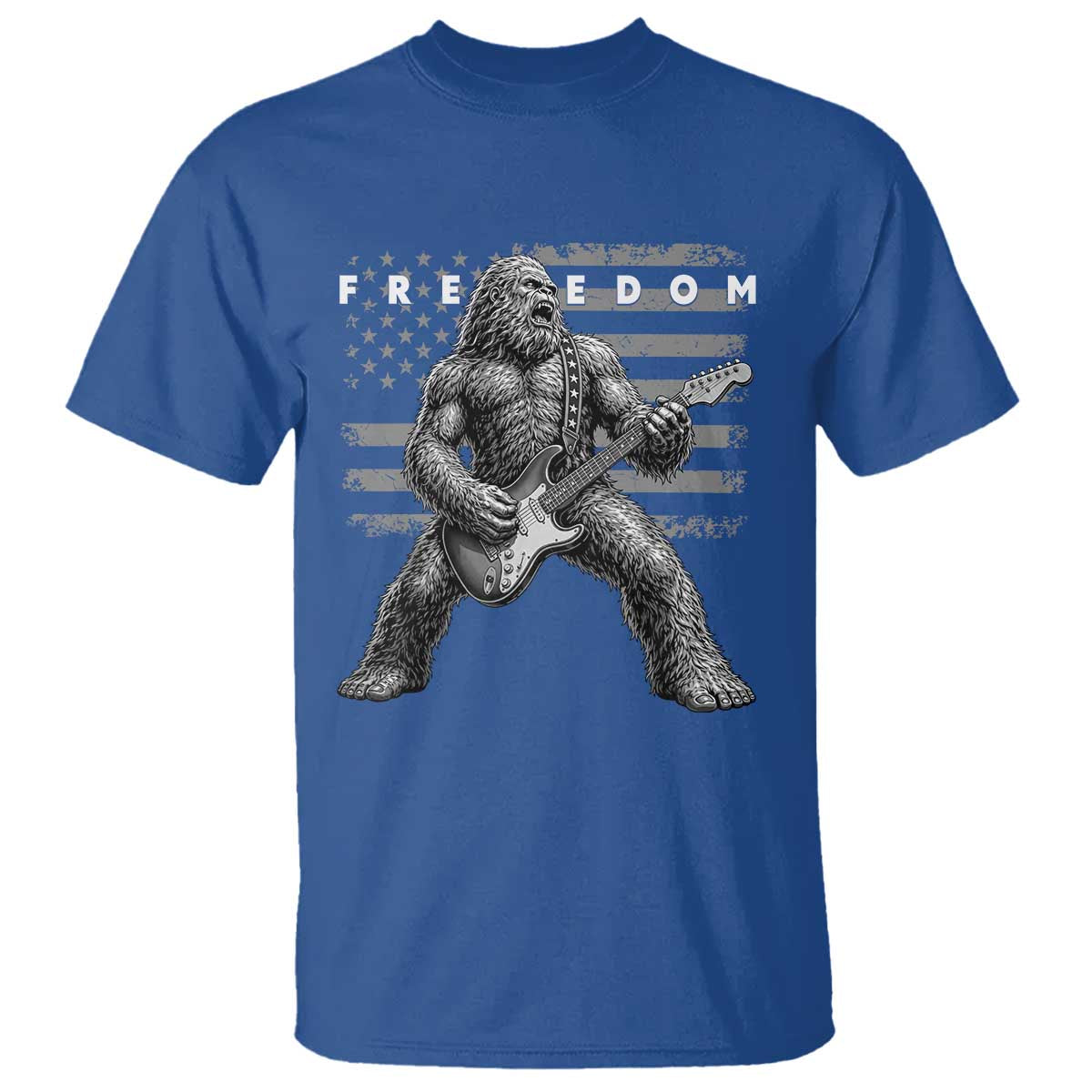 Freedom Bigfoot Playing Electric Guitar T Shirt Sasquatch Rock Star American Flag Patriotic Graphic