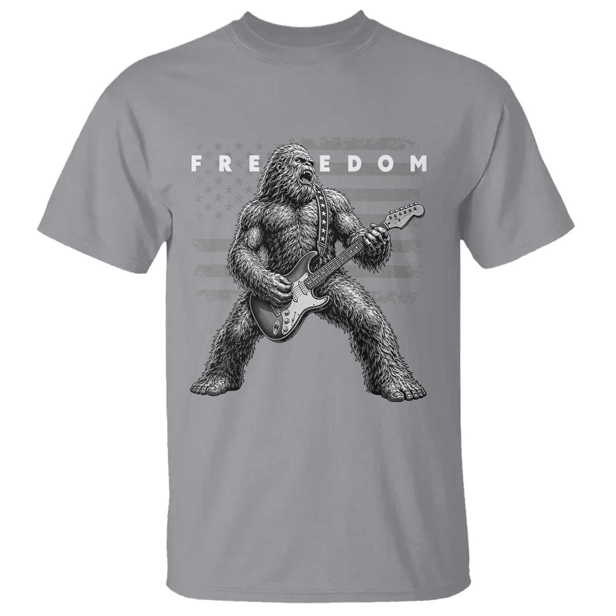 Freedom Bigfoot Playing Electric Guitar T Shirt Sasquatch Rock Star American Flag Patriotic Graphic