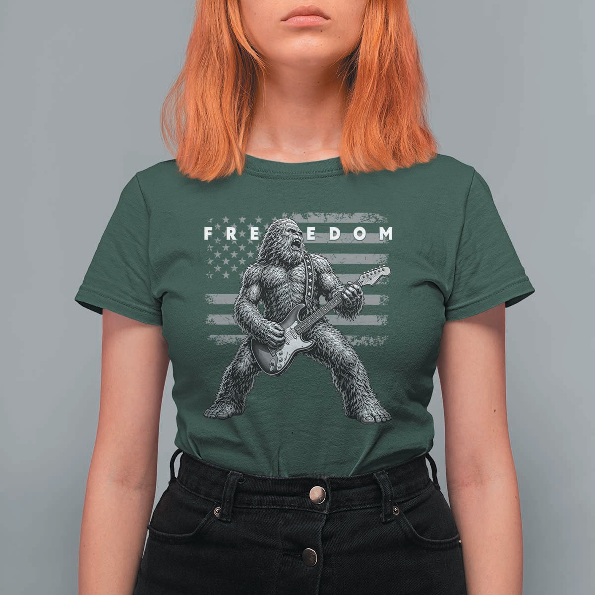 Freedom Bigfoot Playing Electric Guitar T Shirt For Women Sasquatch Rock Star American Flag Patriotic Graphic