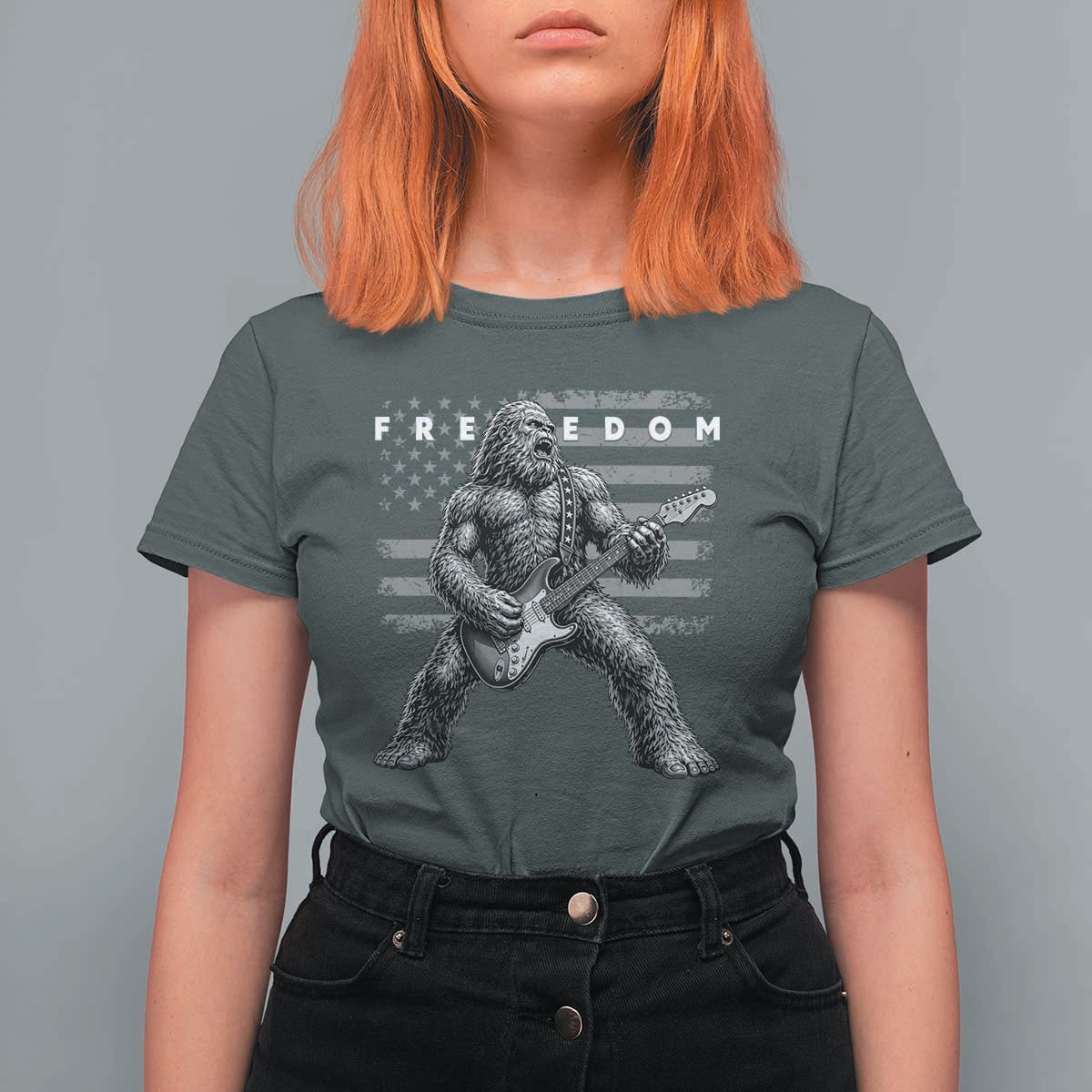 Freedom Bigfoot Playing Electric Guitar T Shirt For Women Sasquatch Rock Star American Flag Patriotic Graphic