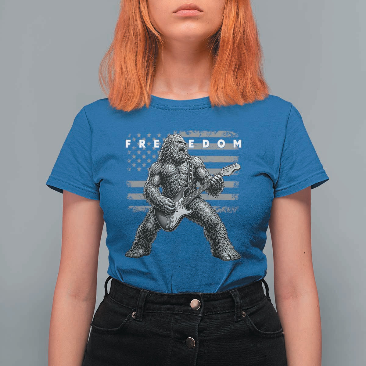 Freedom Bigfoot Playing Electric Guitar T Shirt For Women Sasquatch Rock Star American Flag Patriotic Graphic