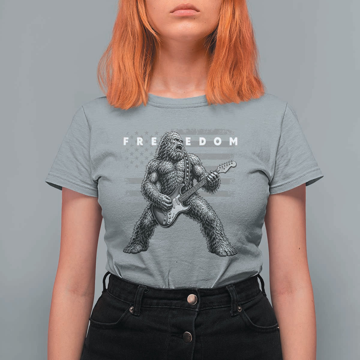 Freedom Bigfoot Playing Electric Guitar T Shirt For Women Sasquatch Rock Star American Flag Patriotic Graphic