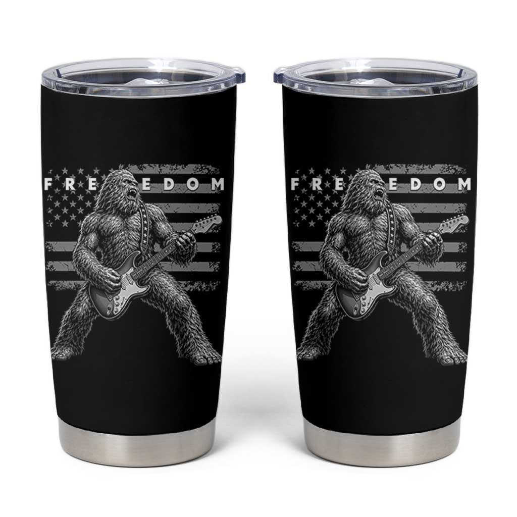 Freedom Bigfoot Playing Electric Guitar Tumbler Cup Sasquatch Rock Star American Flag Patriotic Graphic