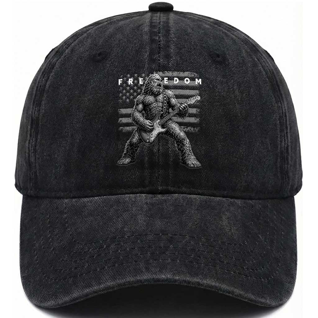 Freedom Bigfoot Playing Electric Guitar Washed Cotton Baseball Cap Sasquatch Rock Star American Flag Patriotic Graphic