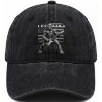 Freedom Bigfoot Playing Electric Guitar Washed Cotton Baseball Cap Sasquatch Rock Star American Flag Patriotic Graphic