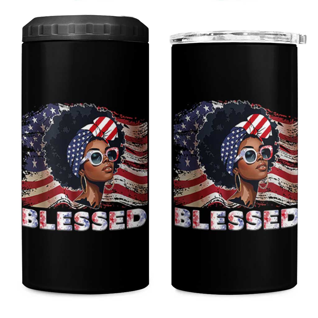 Blessed Black Queen Afro American Flag 4 in 1 Can Cooler Tumbler Patriotic Juneteenth 4th of July