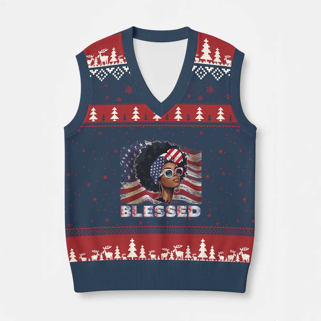 Blessed Black Queen Afro American Flag V-Neck Knit Sweater Vest Patriotic Juneteenth 4th of July