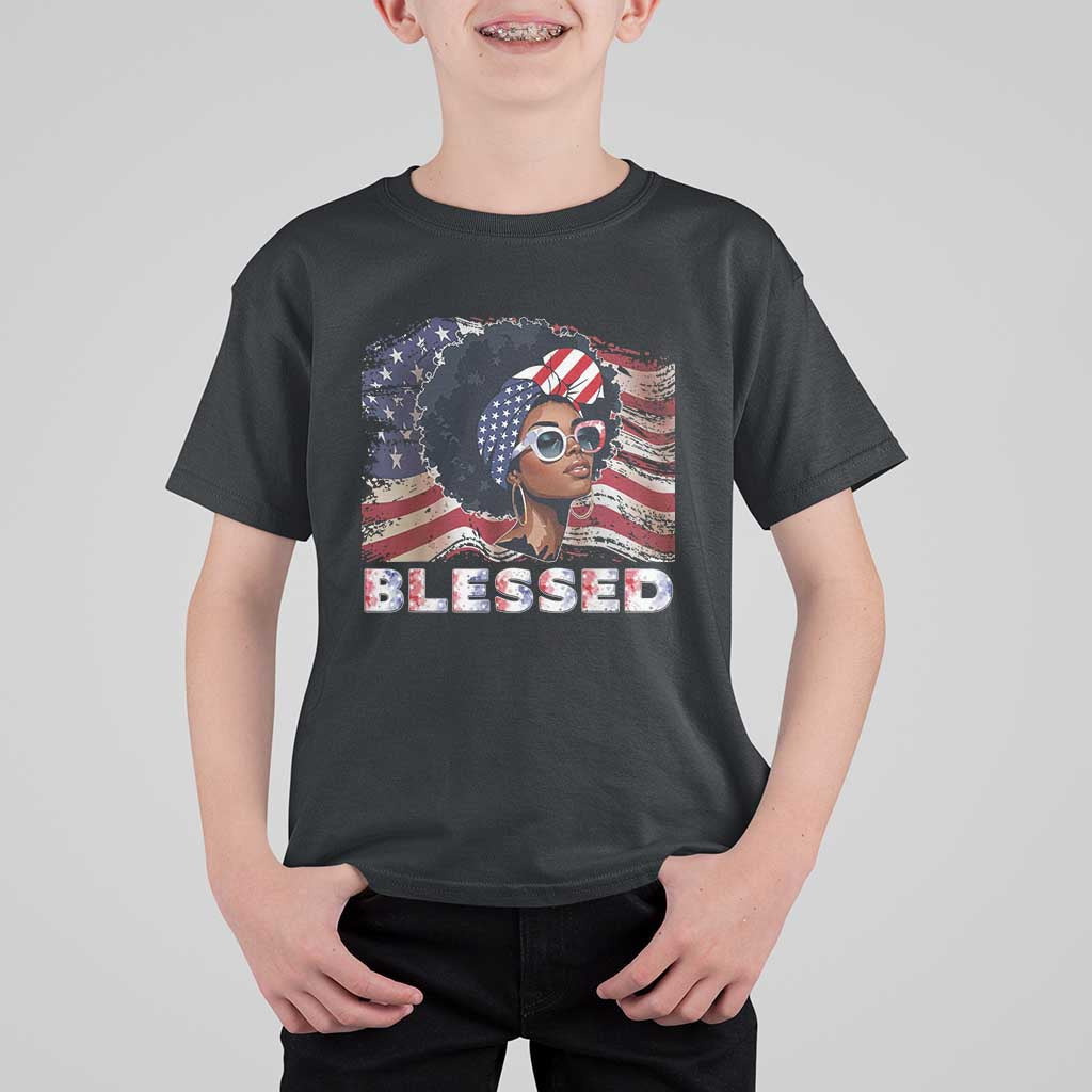Blessed Black Queen Afro American Flag T Shirt For Kid Patriotic Juneteenth 4th of July