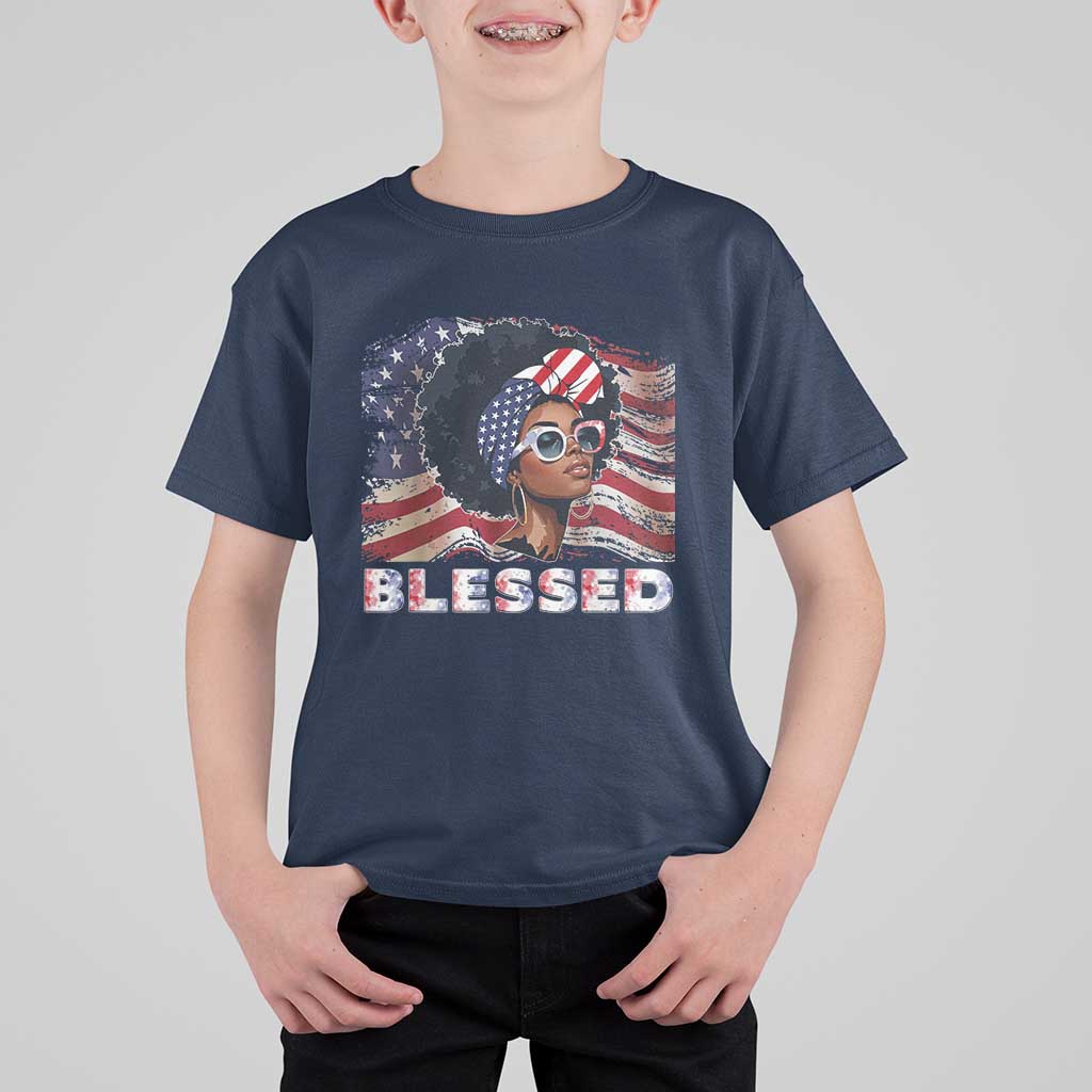 Blessed Black Queen Afro American Flag T Shirt For Kid Patriotic Juneteenth 4th of July
