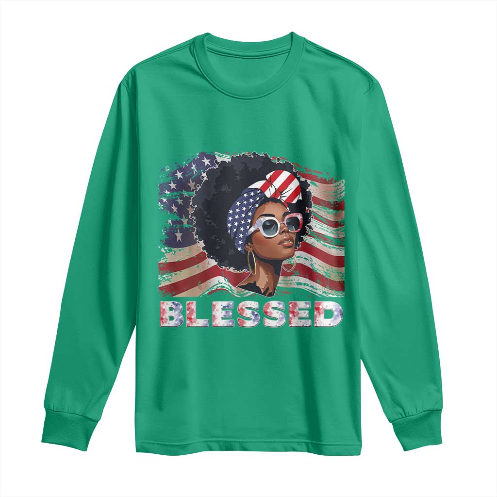 Blessed Black Queen Afro American Flag Long Sleeve Shirt Patriotic Juneteenth 4th of July