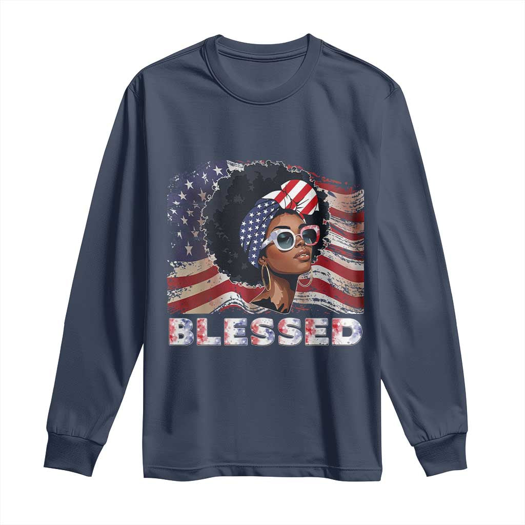 Blessed Black Queen Afro American Flag Long Sleeve Shirt Patriotic Juneteenth 4th of July