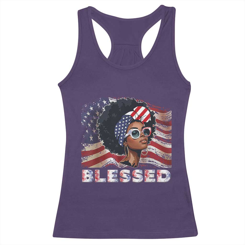 Blessed Black Queen Afro American Flag Racerback Tank Top Patriotic Juneteenth 4th of July