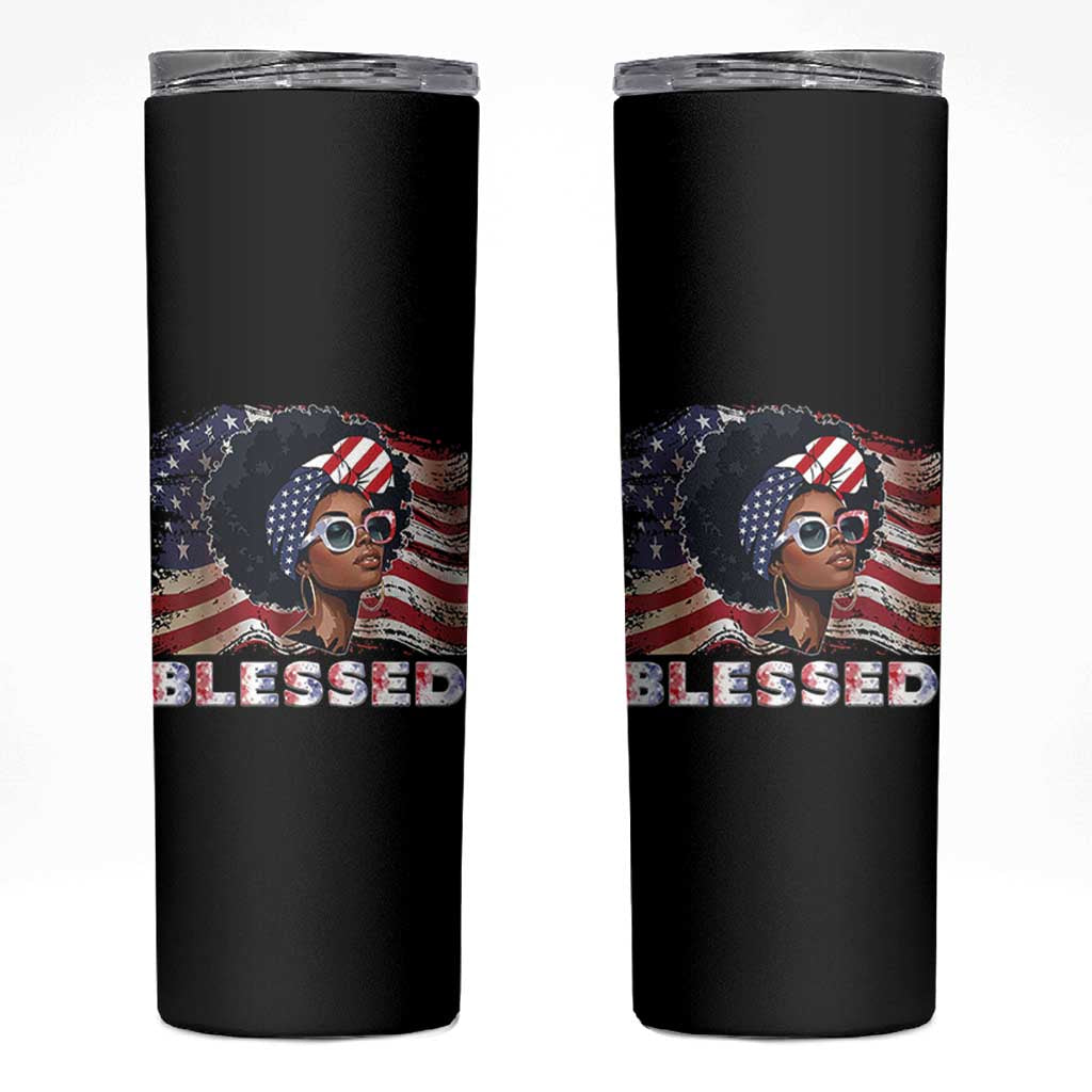 Blessed Black Queen Afro American Flag Skinny Tumbler Patriotic Juneteenth 4th of July