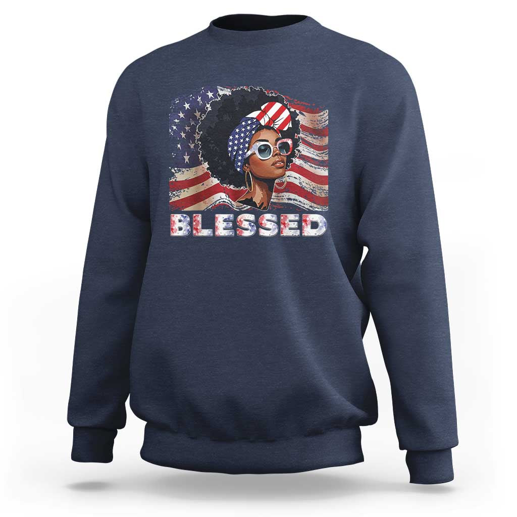 Blessed Black Queen Afro American Flag Sweatshirt Patriotic Juneteenth 4th of July