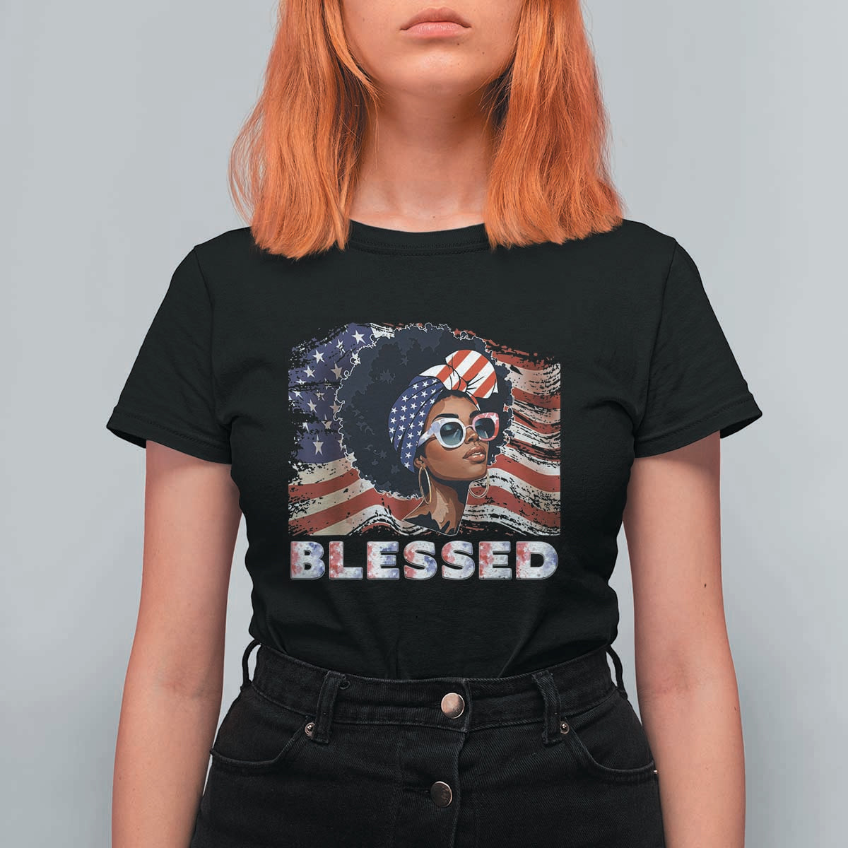 Blessed Black Queen Afro American Flag T Shirt For Women Patriotic Juneteenth 4th of July