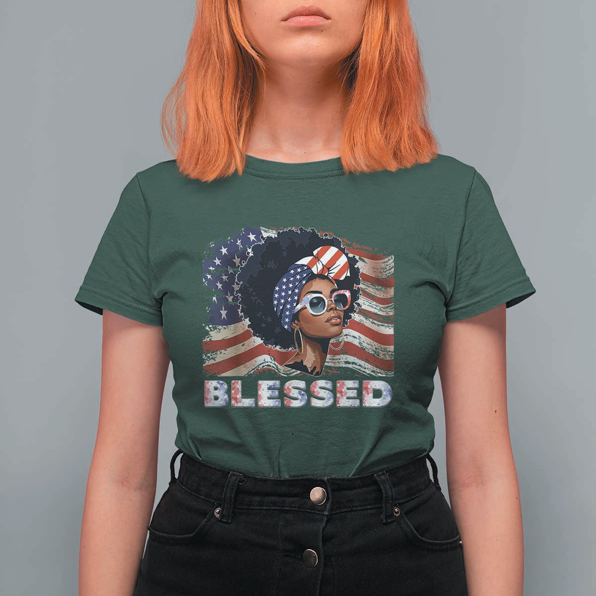 Blessed Black Queen Afro American Flag T Shirt For Women Patriotic Juneteenth 4th of July