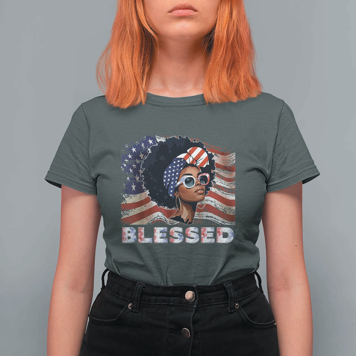 Blessed Black Queen Afro American Flag T Shirt For Women Patriotic Juneteenth 4th of July