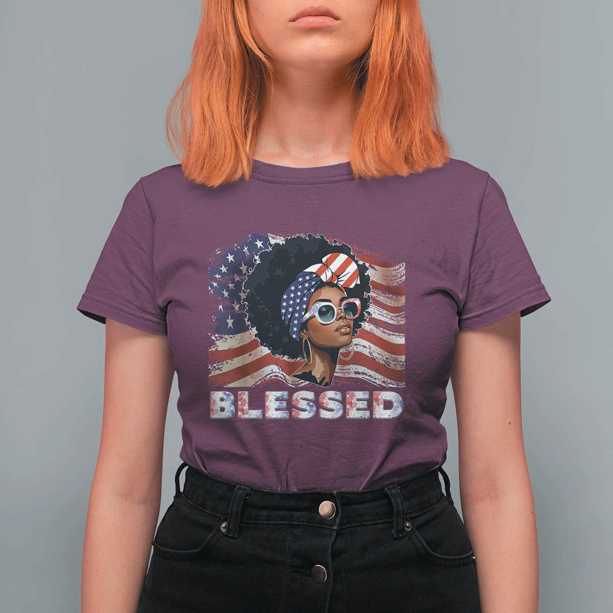 Blessed Black Queen Afro American Flag T Shirt For Women Patriotic Juneteenth 4th of July