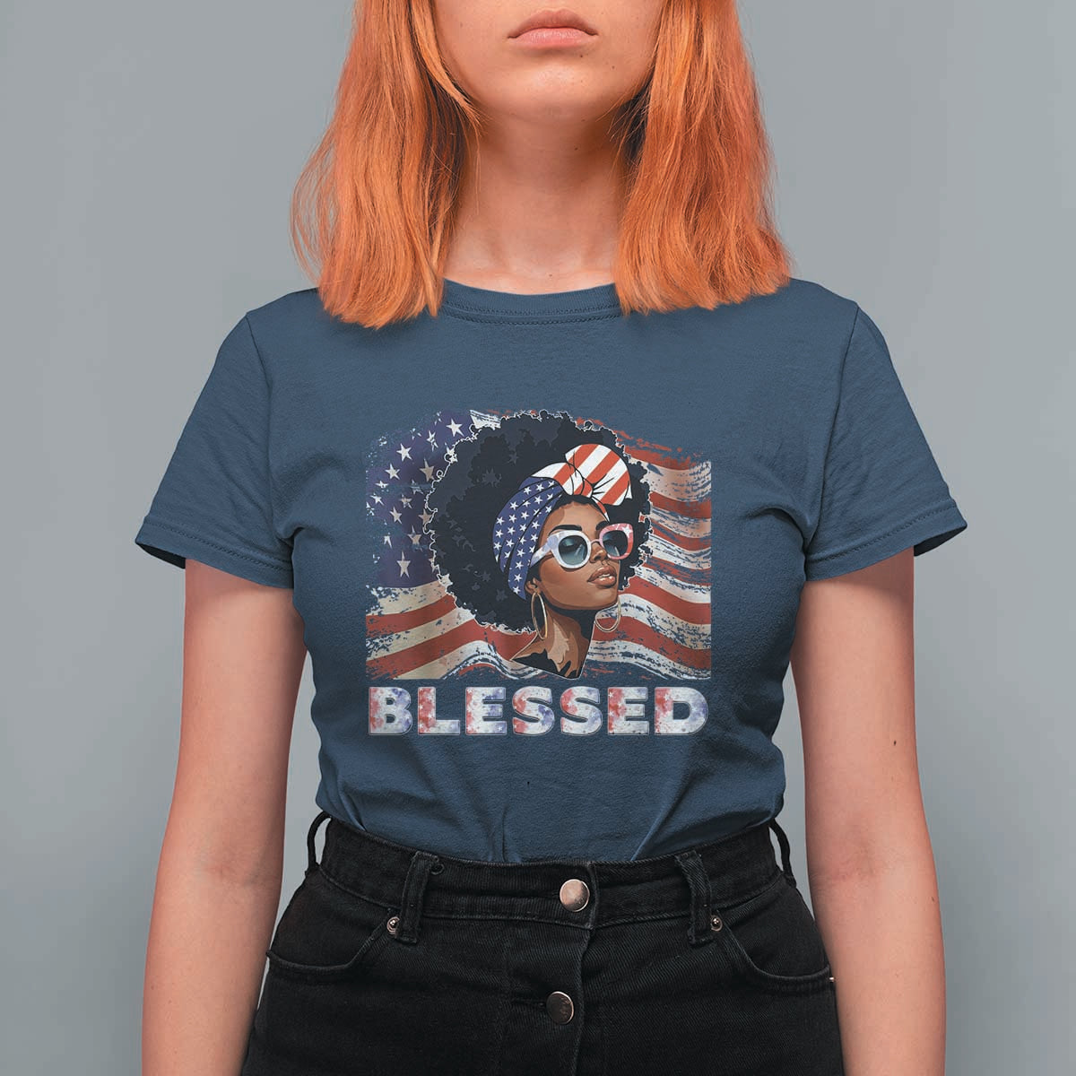 Blessed Black Queen Afro American Flag T Shirt For Women Patriotic Juneteenth 4th of July