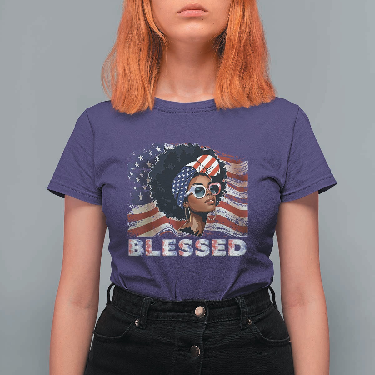 Blessed Black Queen Afro American Flag T Shirt For Women Patriotic Juneteenth 4th of July