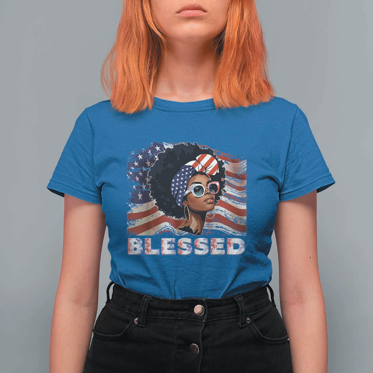 Blessed Black Queen Afro American Flag T Shirt For Women Patriotic Juneteenth 4th of July