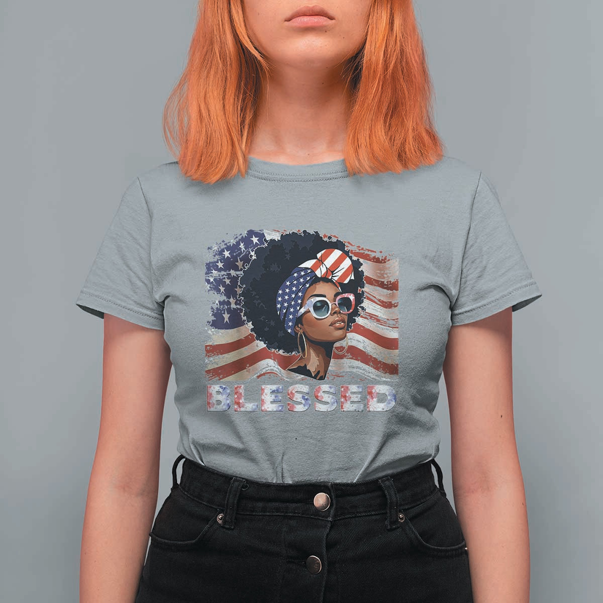 Blessed Black Queen Afro American Flag T Shirt For Women Patriotic Juneteenth 4th of July