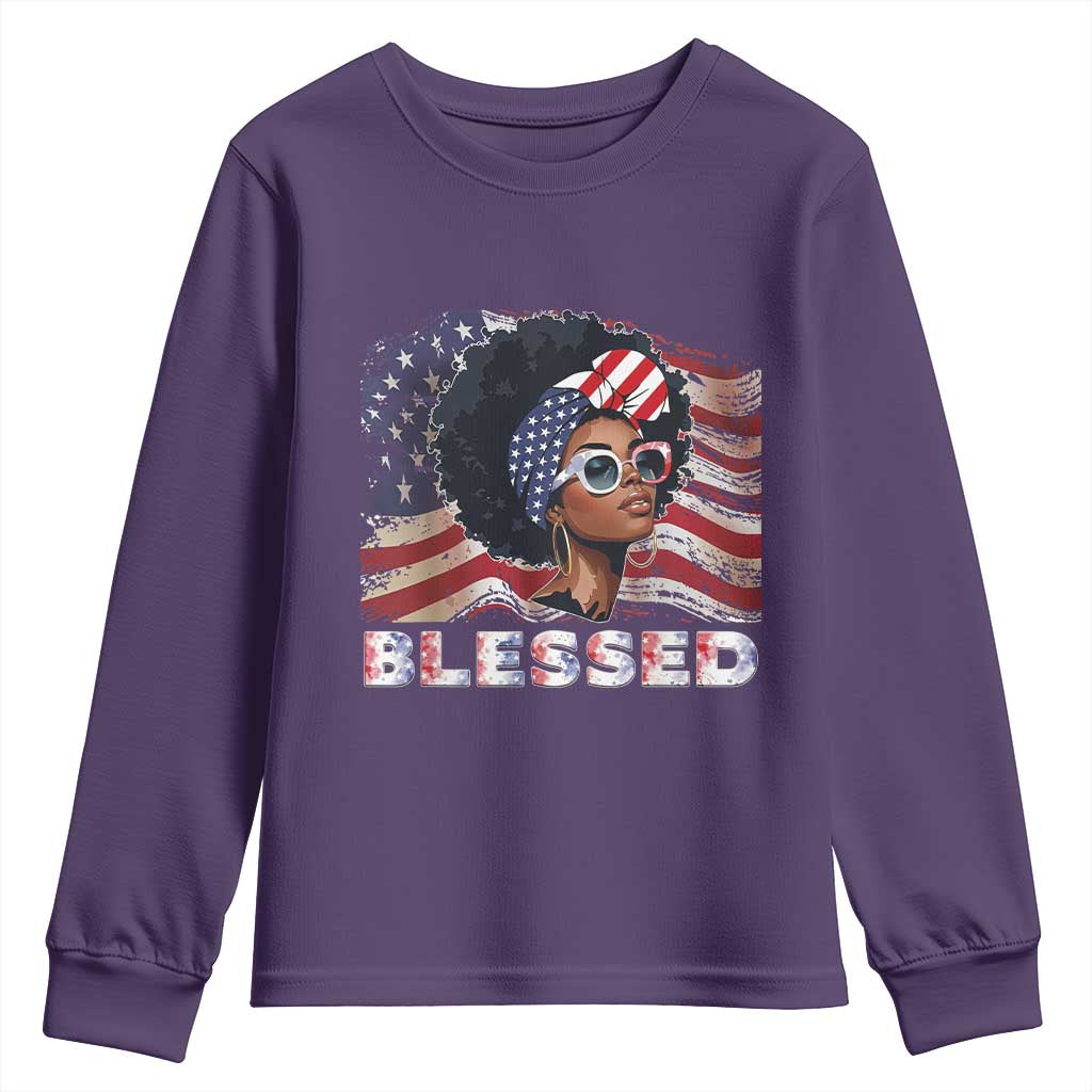 Blessed Black Queen Afro American Flag Youth Sweatshirt Patriotic Juneteenth 4th of July
