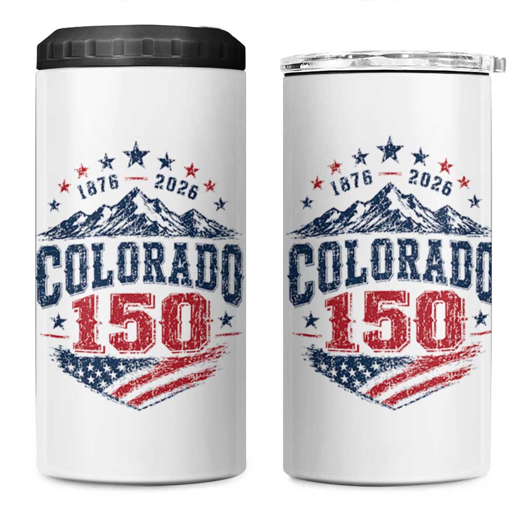 Colorado Rocky Mountains 150th Anniversary 4 in 1 Can Cooler Tumbler Sesquicentennial 1876 2026 Patriotic Graphic