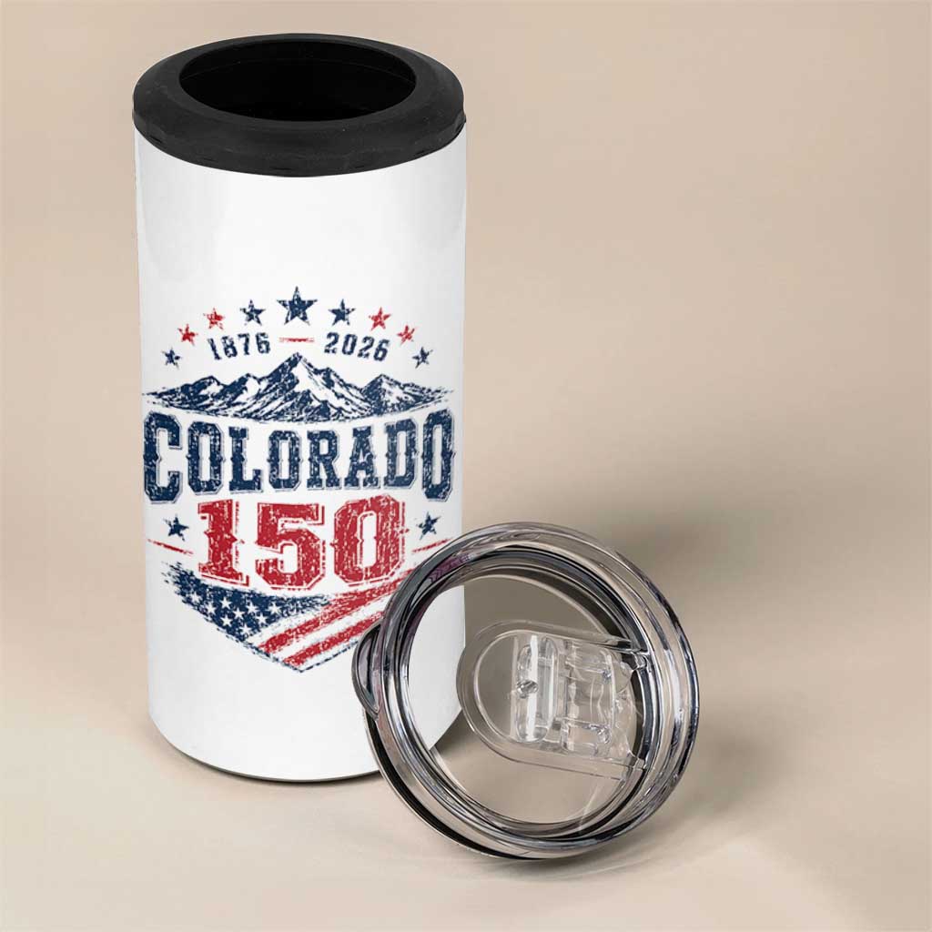 Colorado Rocky Mountains 150th Anniversary 4 in 1 Can Cooler Tumbler Sesquicentennial 1876 2026 Patriotic Graphic