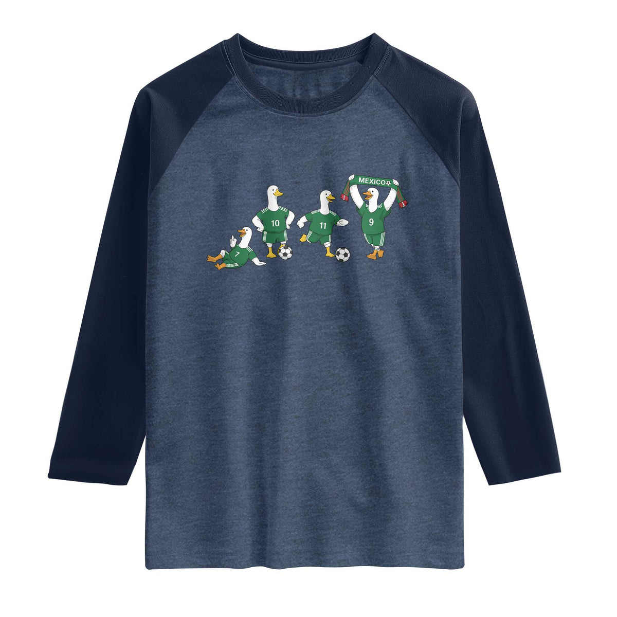 Funny Mexico Merlin the Duck Playing Soccer Graphic Raglan Shirt Mexican Spirit Football Fans Cheer