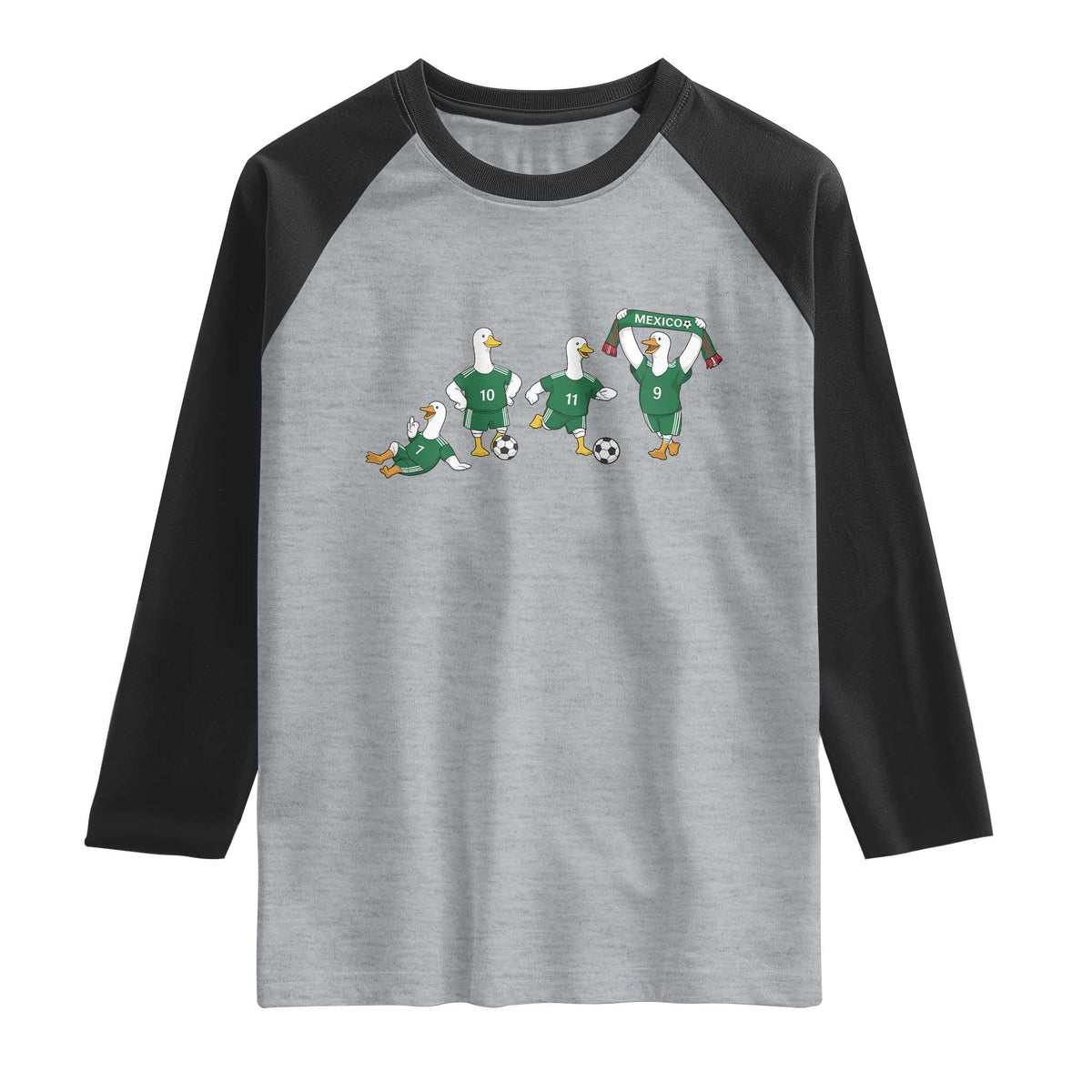 Funny Mexico Merlin the Duck Playing Soccer Graphic Raglan Shirt Mexican Spirit Football Fans Cheer