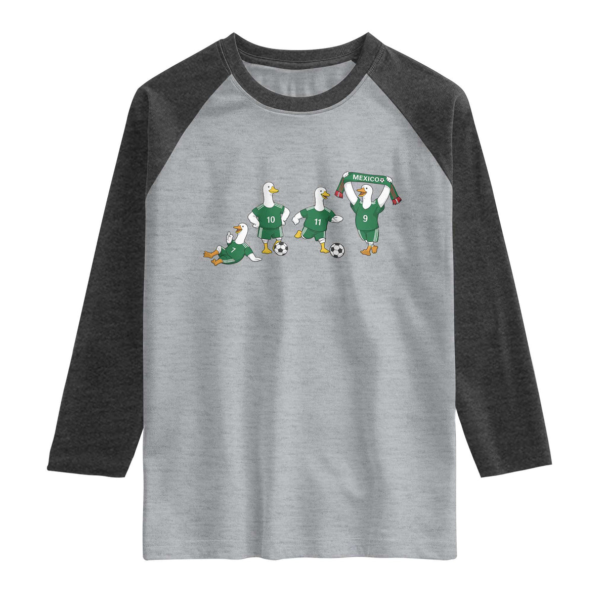 Funny Mexico Merlin the Duck Playing Soccer Graphic Raglan Shirt Mexican Spirit Football Fans Cheer