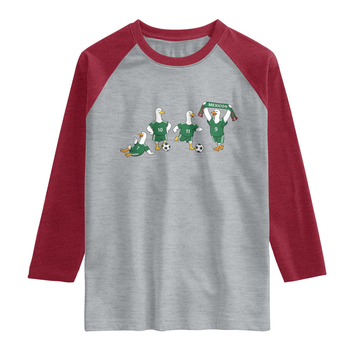 Funny Mexico Merlin the Duck Playing Soccer Graphic Raglan Shirt Mexican Spirit Football Fans Cheer