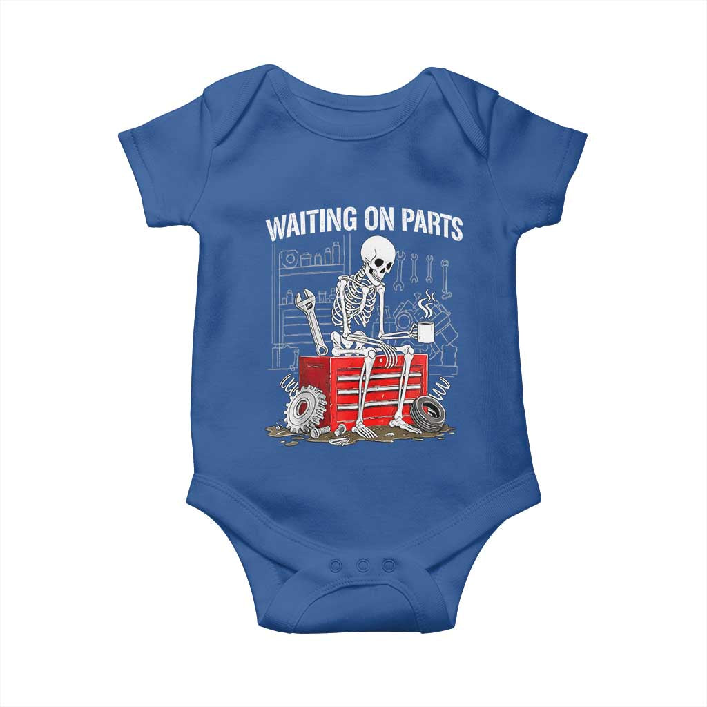 Waiting On Parts Skeleton Mechanic Baby Onesie Funny Sarcastic Auto Garage Repair Tech