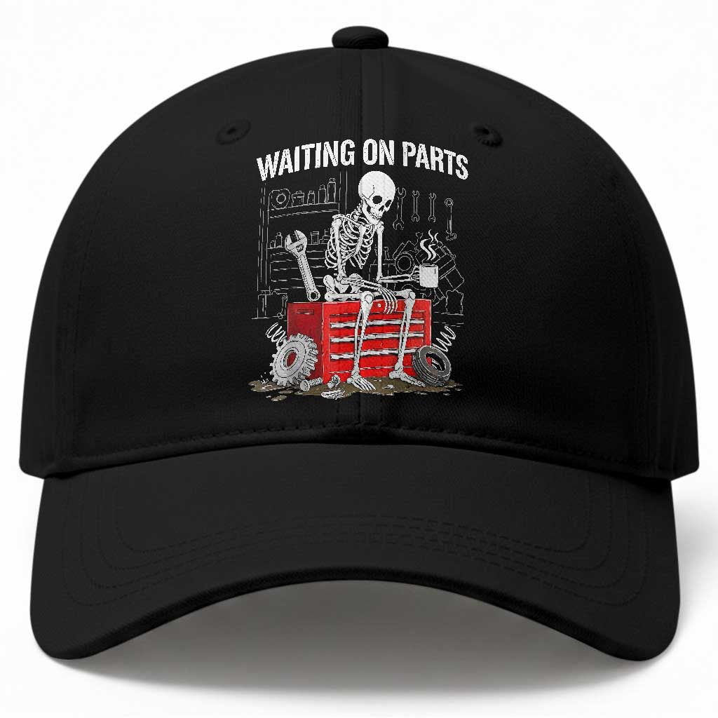 Waiting On Parts Skeleton Mechanic Baseball Cap Funny Sarcastic Auto Garage Repair Tech