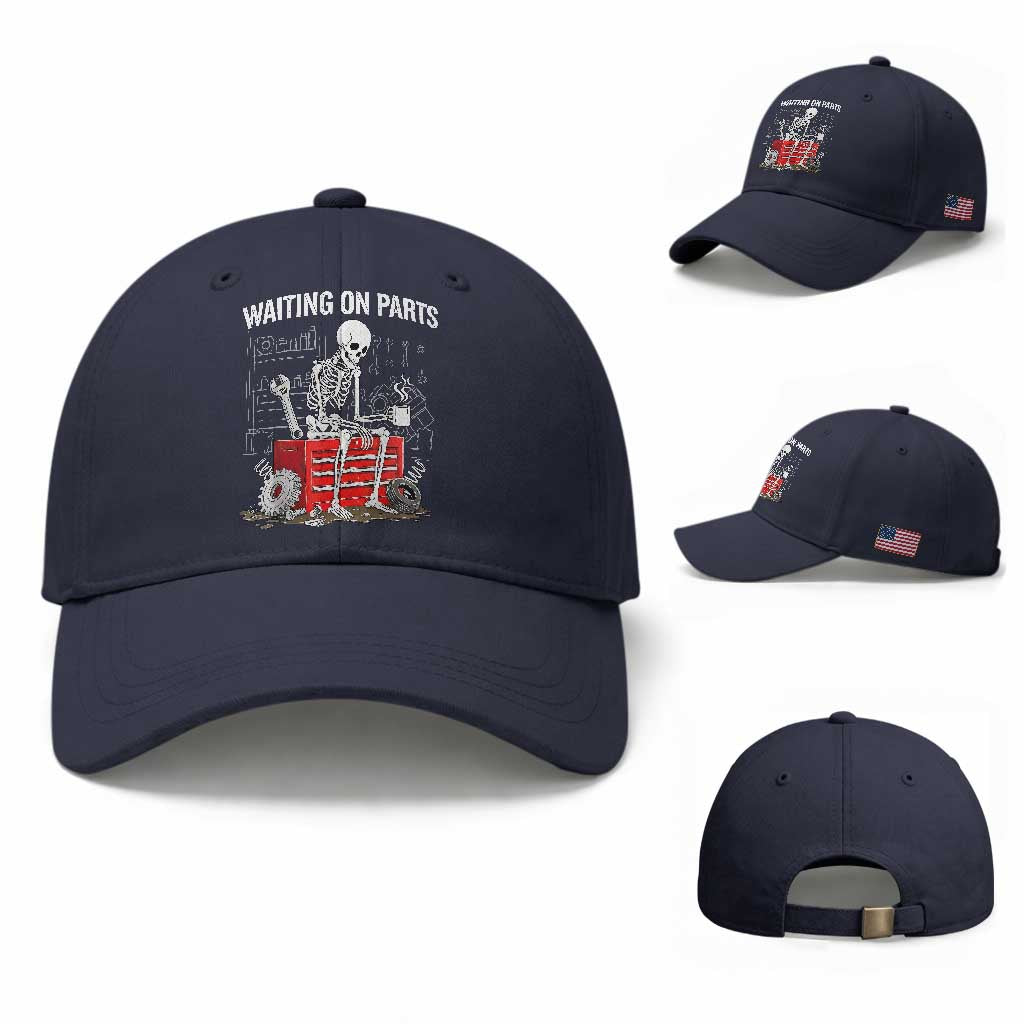 Waiting On Parts Skeleton Mechanic Baseball Cap Funny Sarcastic Auto Garage Repair Tech
