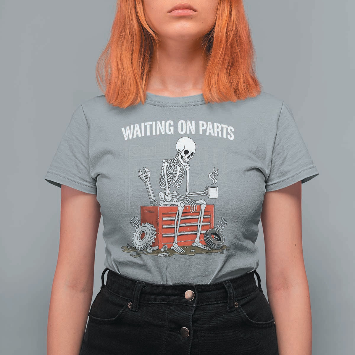 Waiting On Parts Skeleton Mechanic T Shirt For Women Funny Sarcastic Auto Garage Repair Tech