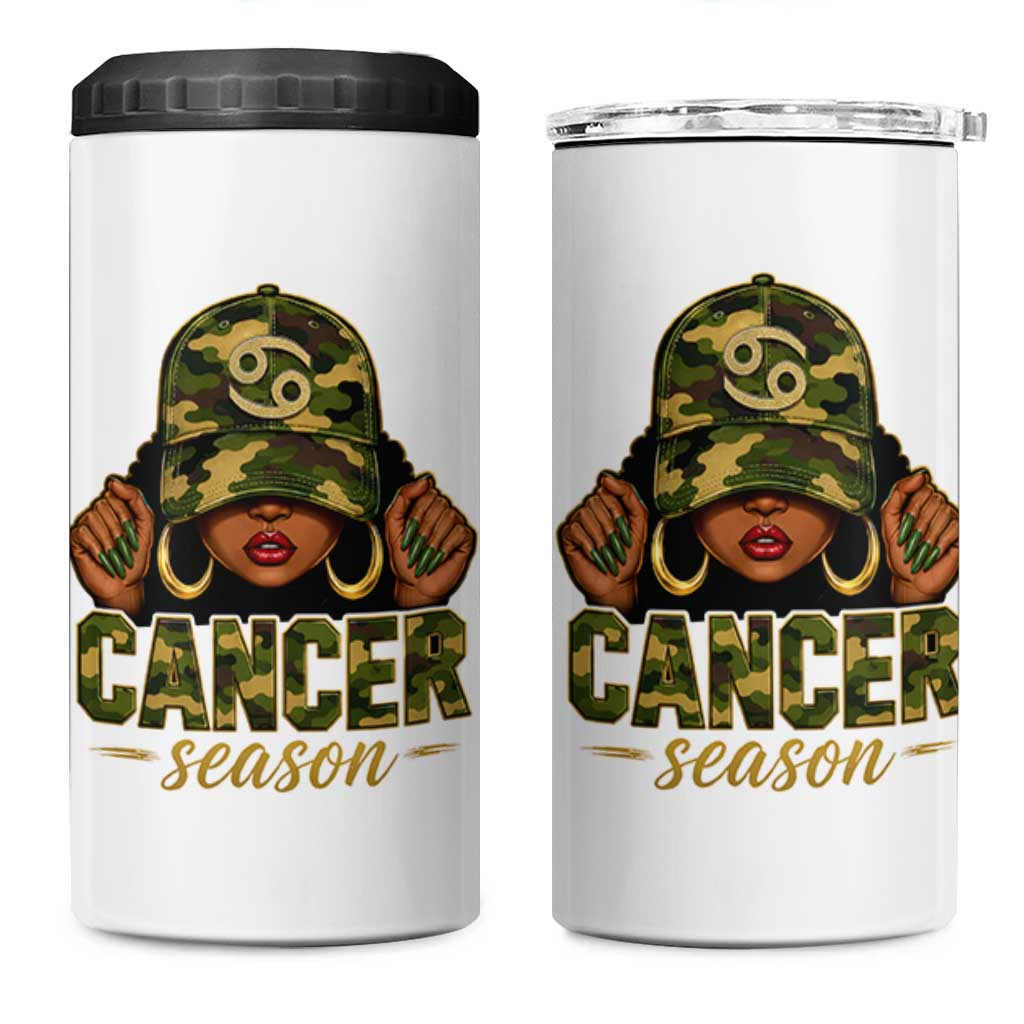Zodiac Queen Cancer Season Retro Camo Camouflage Graphic 4 in 1 Can Cooler Tumbler June July Horoscope Birthday Gift Melanin Women