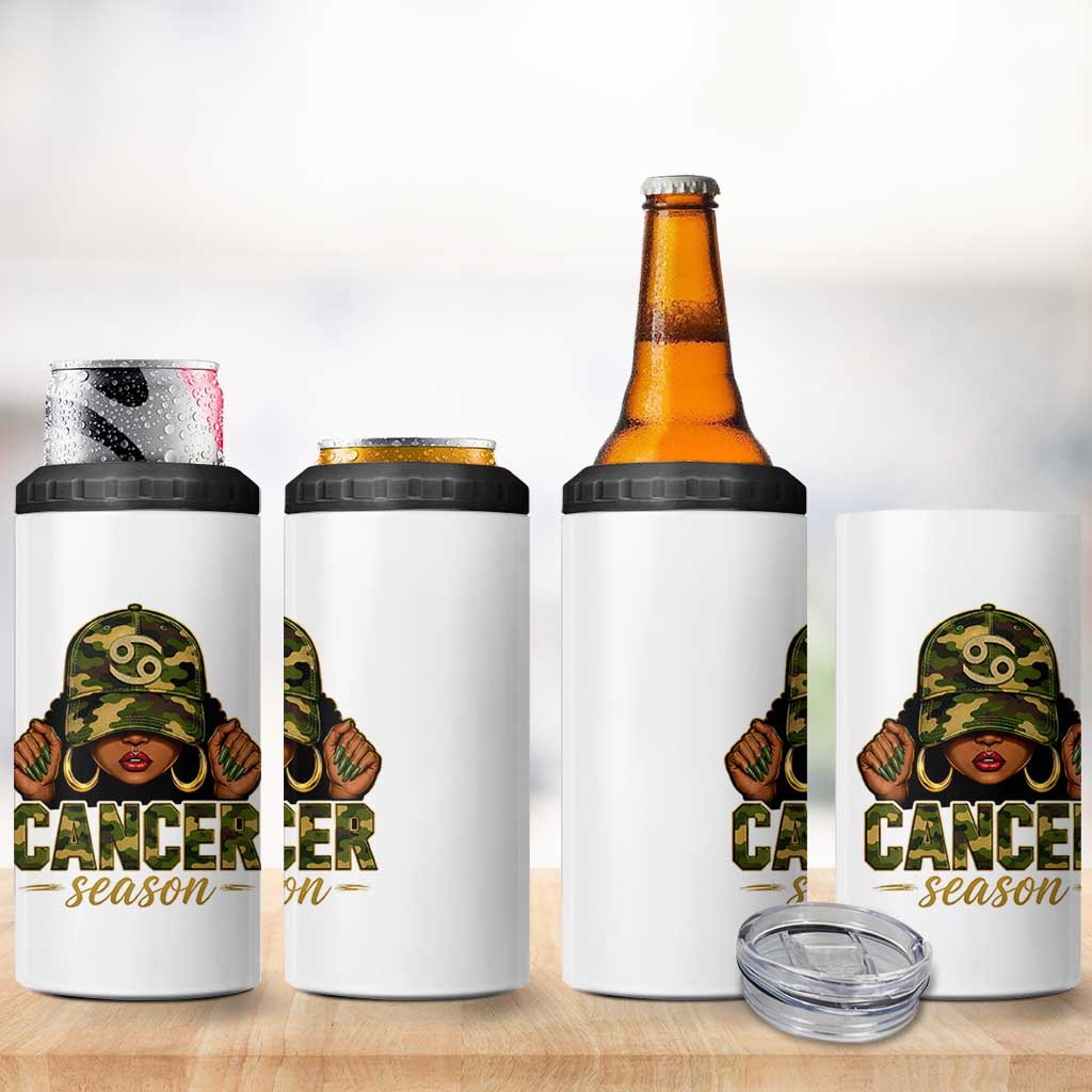 Zodiac Queen Cancer Season Retro Camo Camouflage Graphic 4 in 1 Can Cooler Tumbler June July Horoscope Birthday Gift Melanin Women
