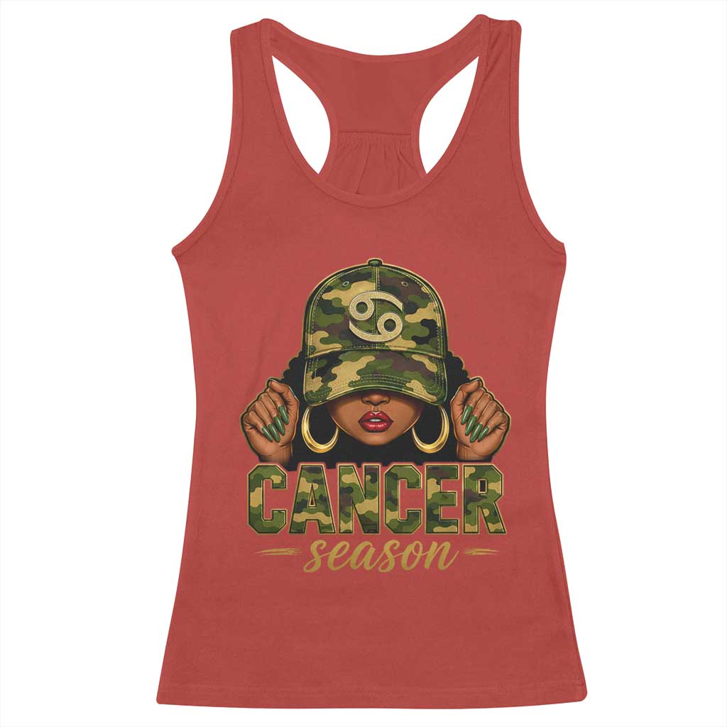 Zodiac Queen Cancer Season Retro Camo Camouflage Graphic Racerback Tank Top June July Horoscope Birthday Gift Melanin Women