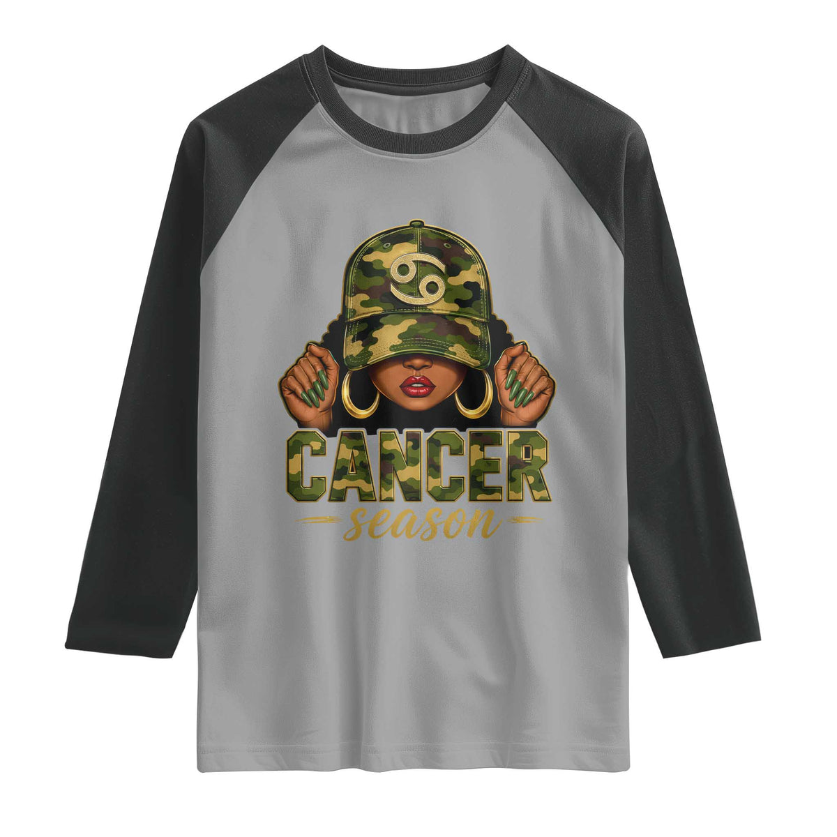 Zodiac Queen Cancer Season Retro Camo Camouflage Graphic Raglan Shirt June July Horoscope Birthday Gift Melanin Women
