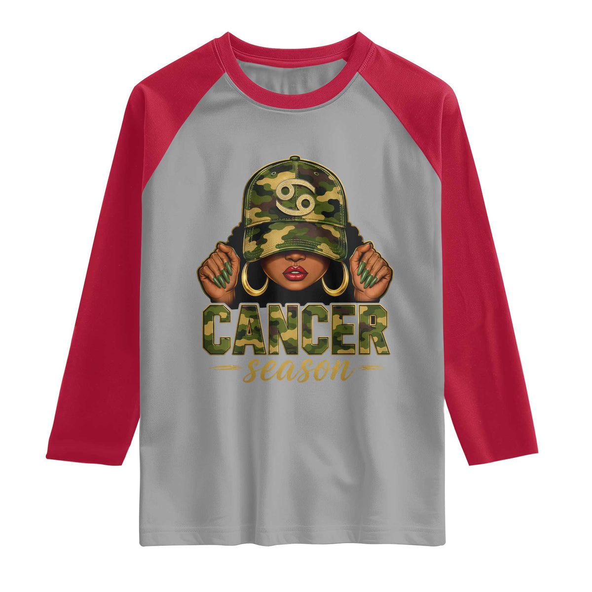 Zodiac Queen Cancer Season Retro Camo Camouflage Graphic Raglan Shirt June July Horoscope Birthday Gift Melanin Women