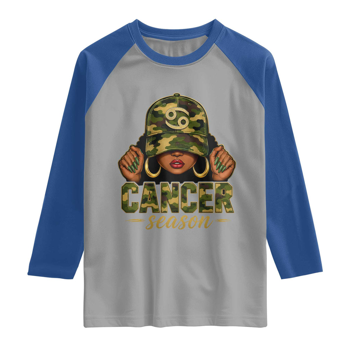 Zodiac Queen Cancer Season Retro Camo Camouflage Graphic Raglan Shirt June July Horoscope Birthday Gift Melanin Women